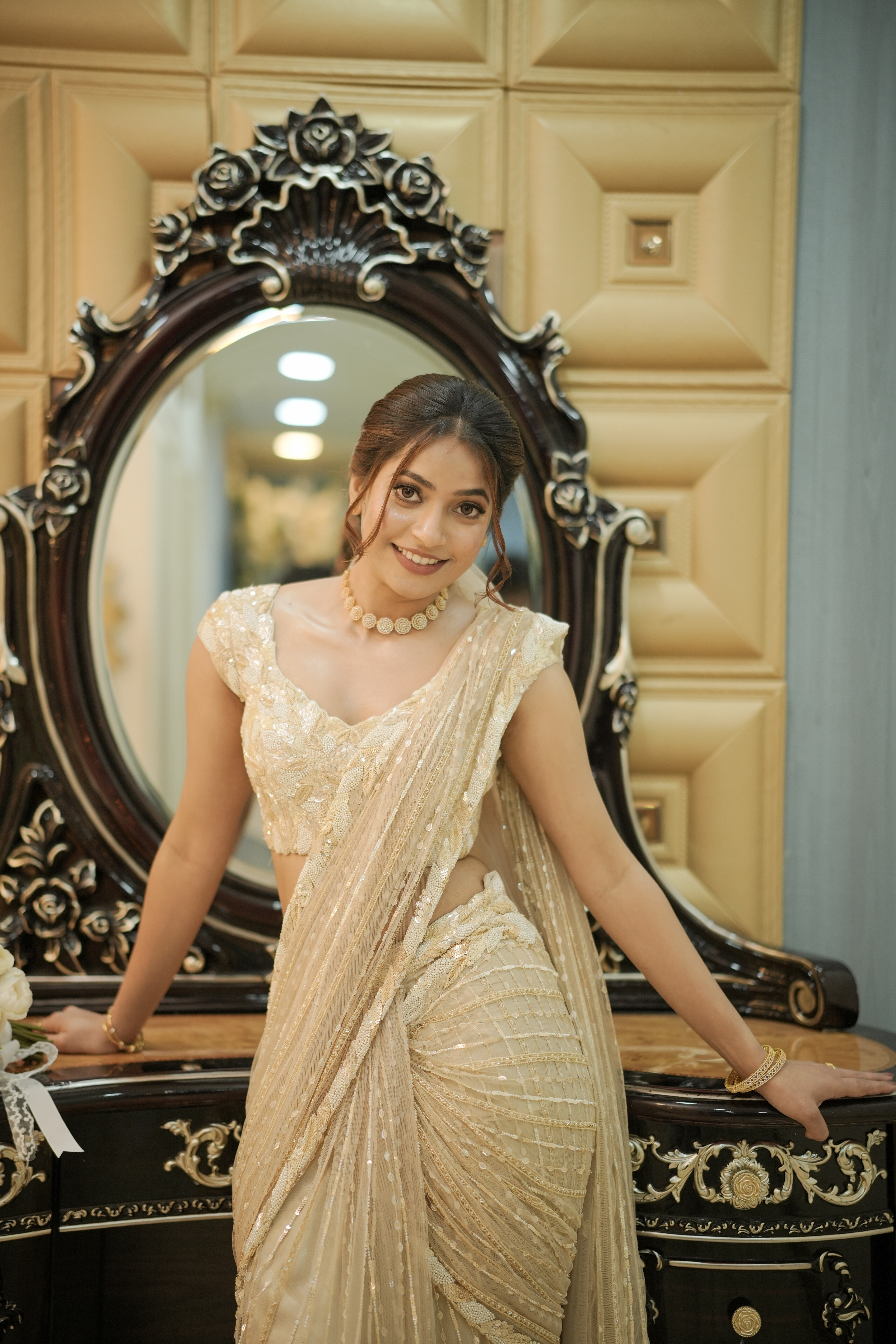 Ivory Gold Bridal Pre- Draped Saree